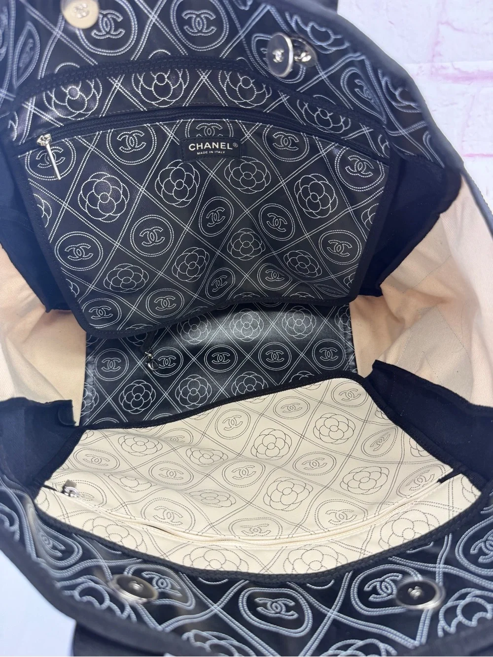 Chanel Coated Canvas Camellia Medium Shopping Tote Black Beige